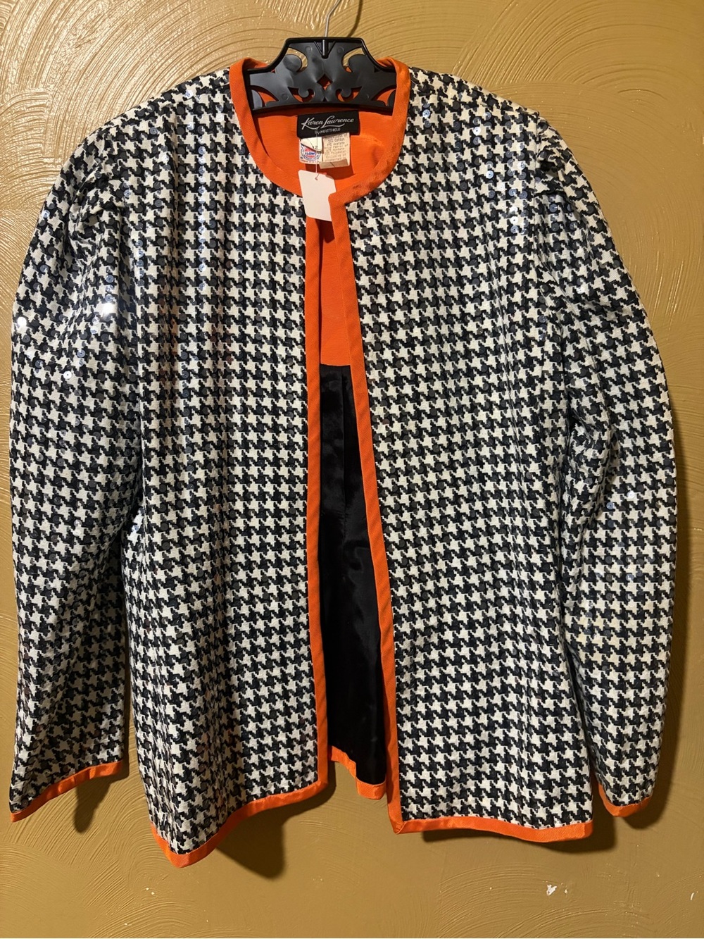 Kasper Black & White Houndstooth Open-Front Jacket with Orange Trim